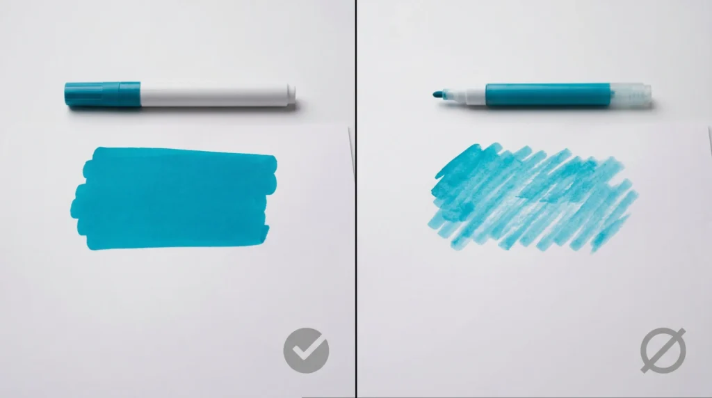 High pigment load vs low pigment load marker swatch comparison showing opacity difference