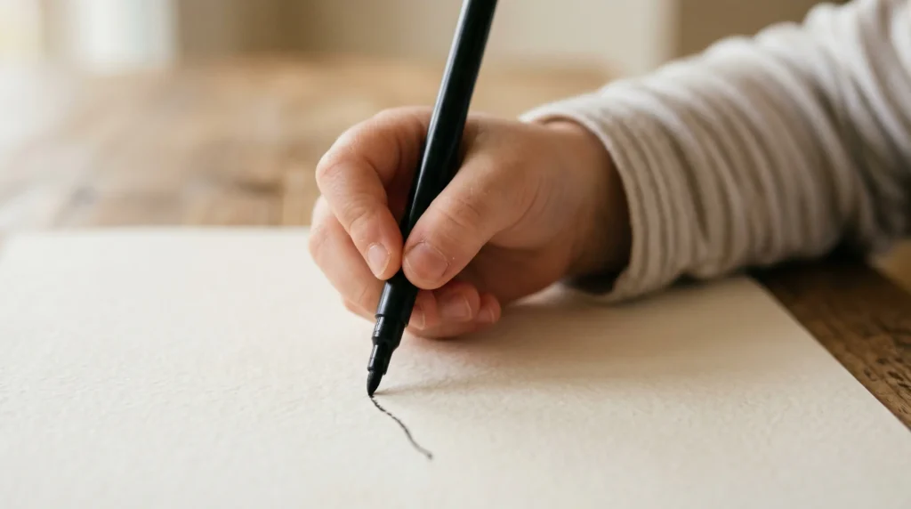 A close-up photo showing a 4-year-old child's tiny hand struggling to grasp a slim standard adult marker pen, highlighting the mismatch between traditional stationery and children's hand development stages.
