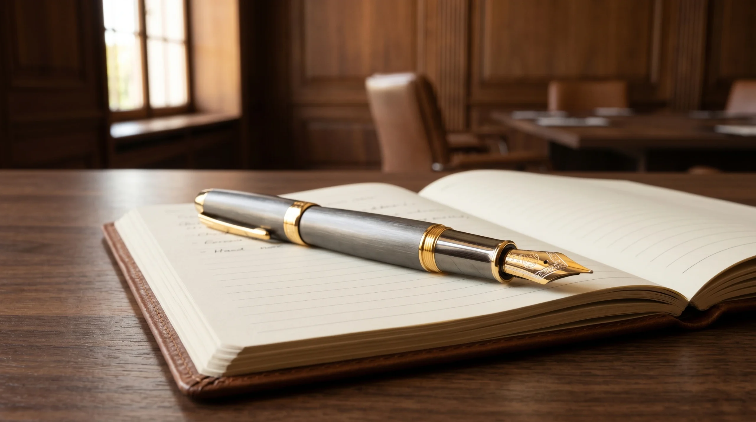 Luxury corporate pen market analysis with premium fountain pen on leather notebook in European boardroom setting
