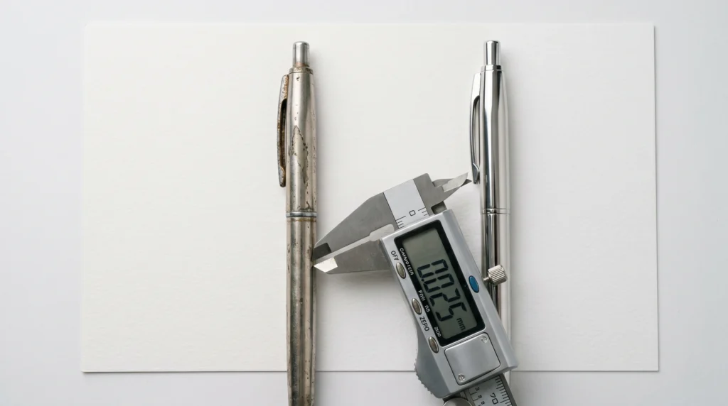Luxury corporate pen market quality comparison showing plating wear versus intact finish with thickness measurement
