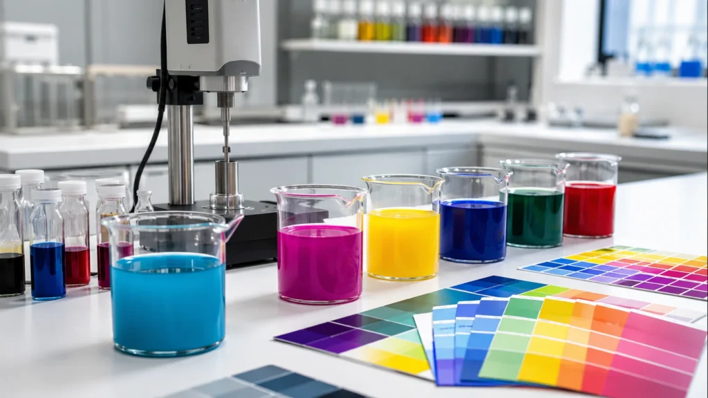 Marker pen ink formulation laboratory — in-house R&D testing of ink viscosity and color consistency