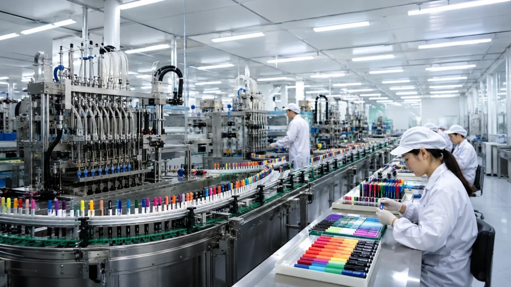 Marker pen quality control — automated assembly line in modern stationery manufacturing facility