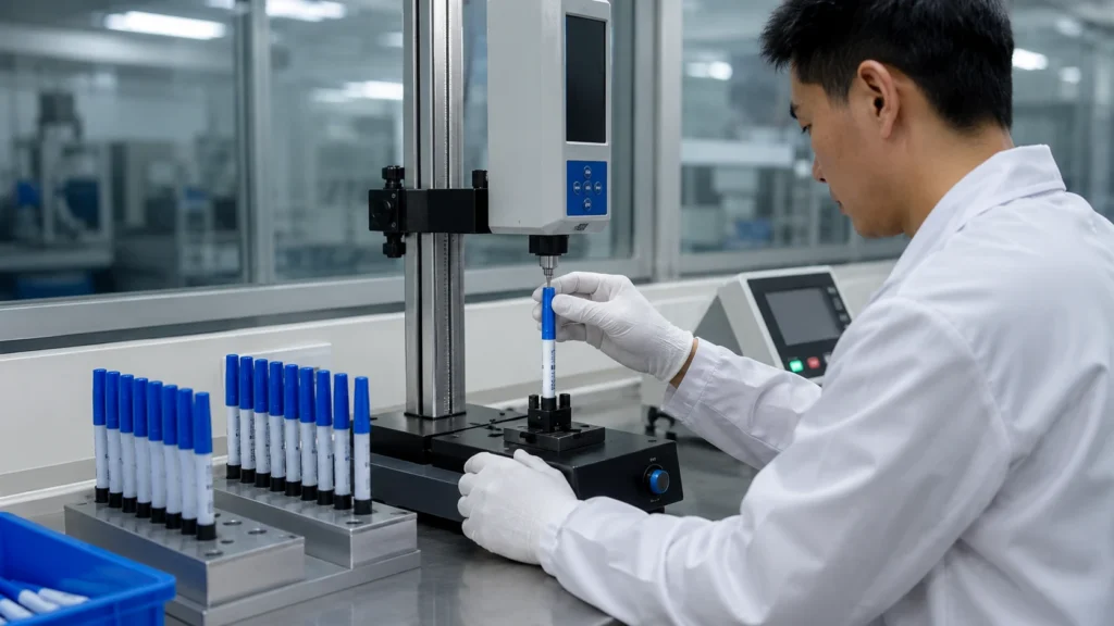 Marker pen quality control — factory technician performing cap seal airtightness testing on production samples