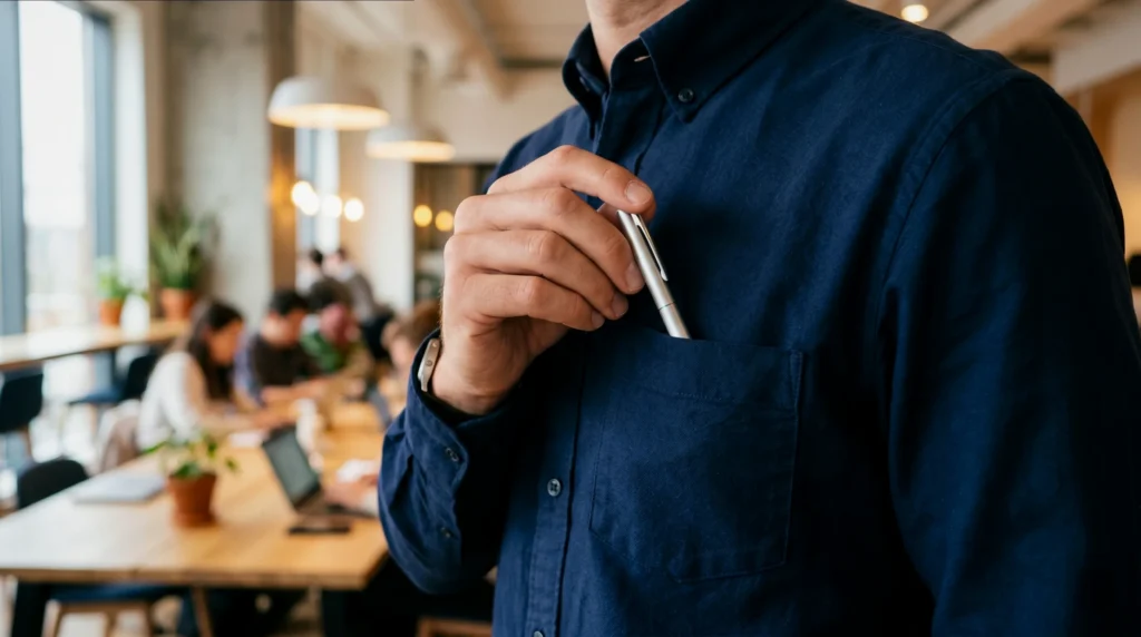 Mini pen being pulled from a shirt pocket, illustrating pocket stationery portability