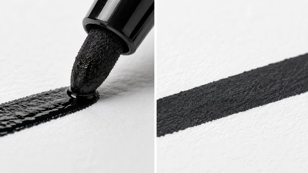 Permanent marker ink application showing wet to dry transition and resin film formation