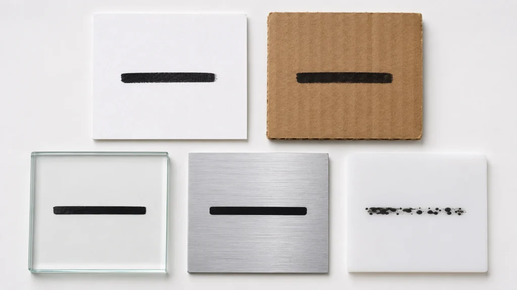 Permanent marker multi-surface adhesion testing on paper cardboard glass metal and plastic substrates