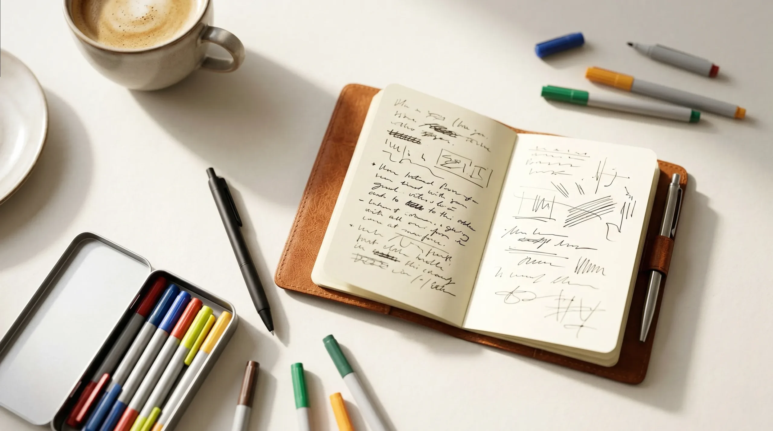Pocket stationery essentials including mini pens, compact markers, and a pocket notebook arranged on a desk
