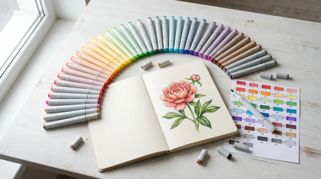 Premium markers arranged in color gradient with artist sketchbook and color swatch test sheet on white desk