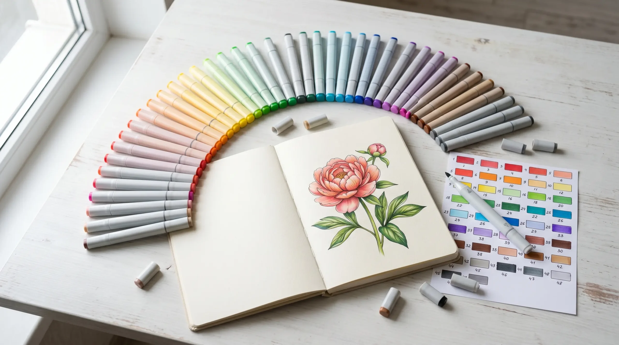 Premium markers arranged in color gradient with artist sketchbook and color swatch test sheet on white desk
