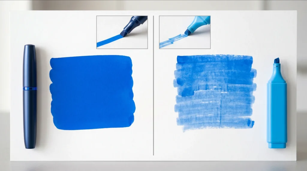 Side-by-side ink swatch comparison showing quality difference between batch-tested and generic mini marker formulations