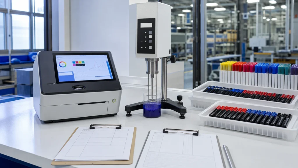 Stationery supplier quality standards factory QC station with spectrophotometer and batch testing equipment