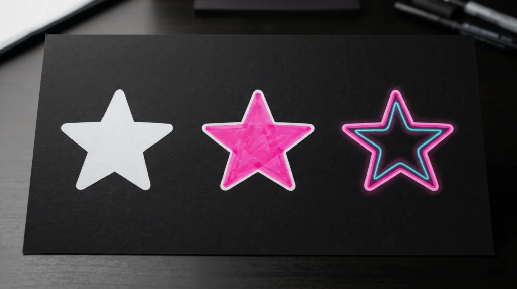 Step-by-step TikTok marker art neon glow effect creation process on black paper