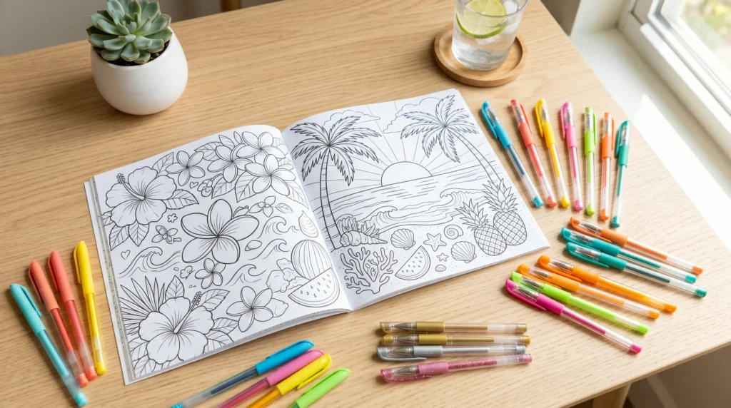 summer coloring ideas using gel pens on tropical themed coloring pages