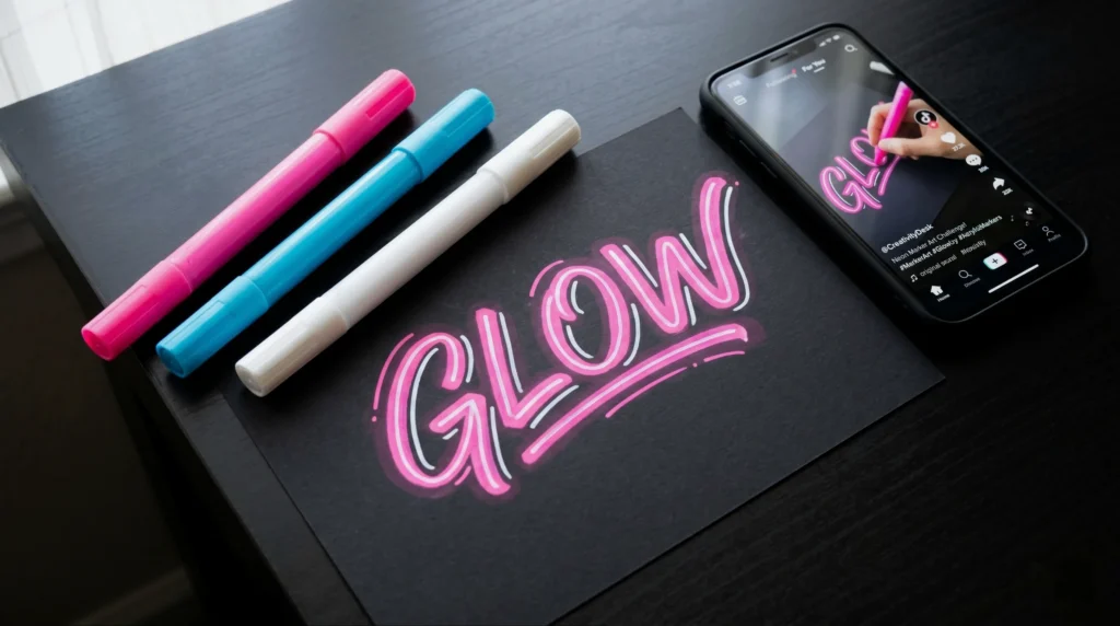 TikTok marker art neon sign created with three acrylic markers on black paper, displayed with a smartphone showing the TikTok app