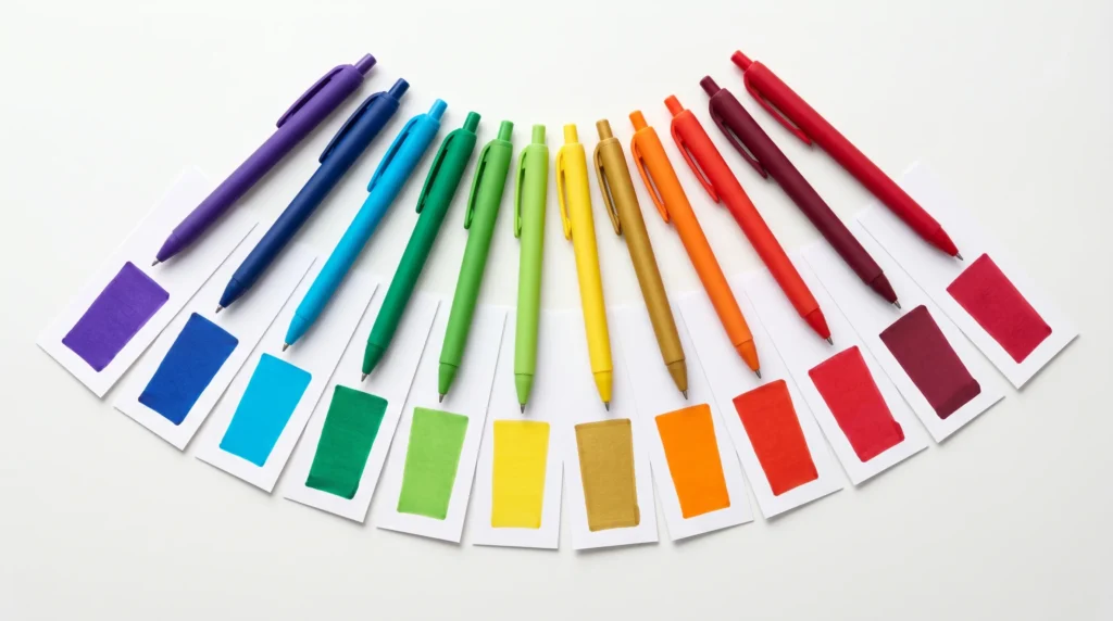 Twelve vibrant gel pen color swatches demonstrating consistent opacity on white paper