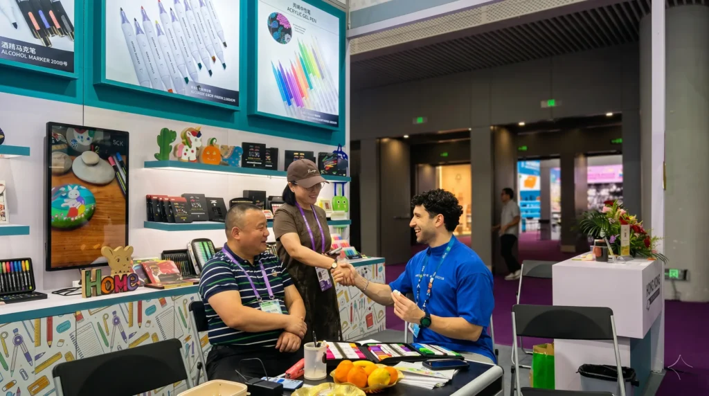 H STATIONERY Team Presenting Custom Glitter Markers to Global Buyers