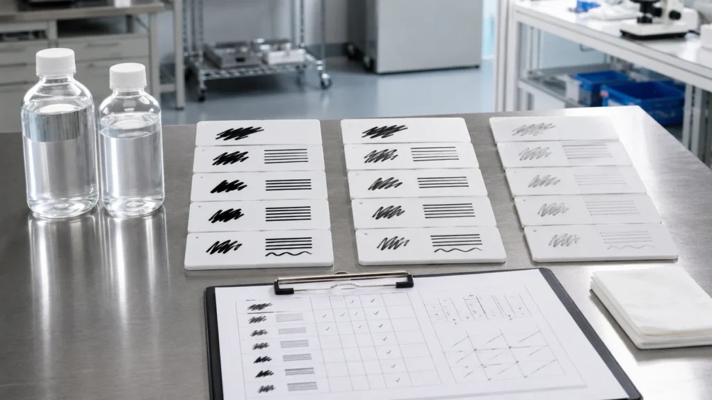 Permanent marker adhesion solvent resistance QC testing station