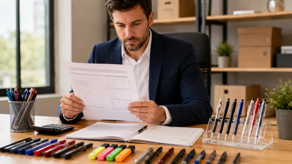 Buyer reviewing custom pen manufacturing cost quote