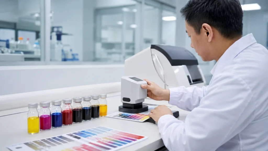 Ink lab technician testing custom pen manufacturing ink