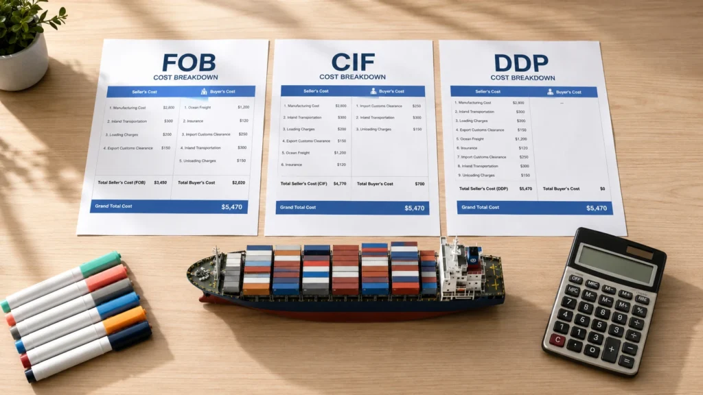 FOB vs CIF vs DDP ship pens China comparison
