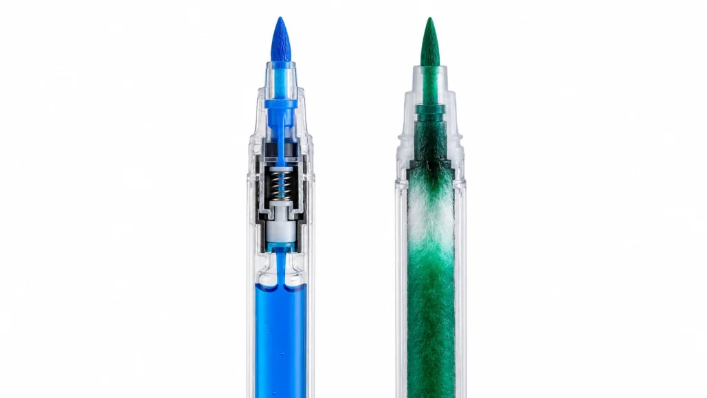 Watercolor marker direct liquid versus fiber tip cutaway