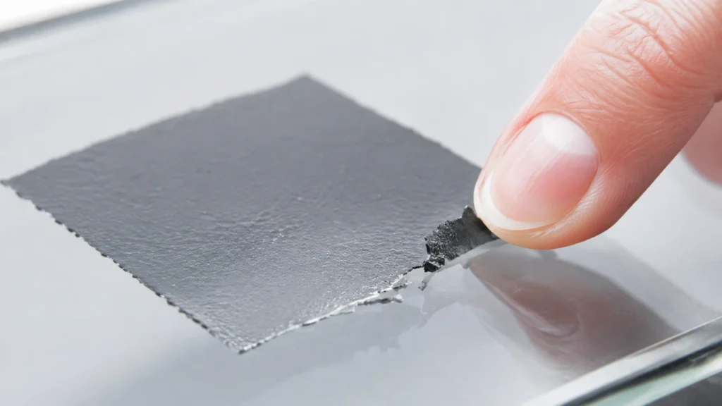 A hand using a fingernail to scratch a cured paint square on glass, with a partially lifted paint edge visible.