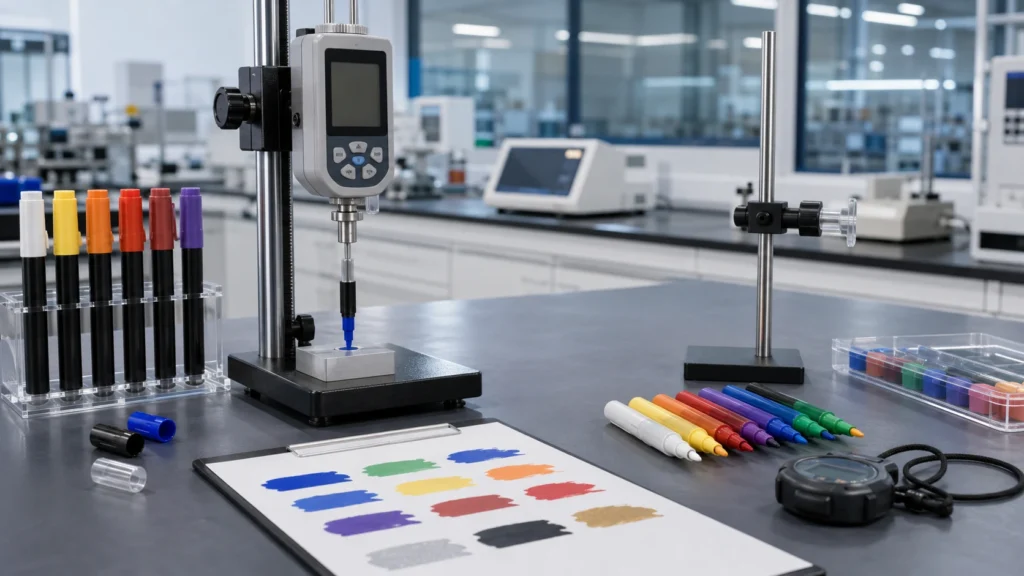 Acrylic marker durability valve force QC testing station