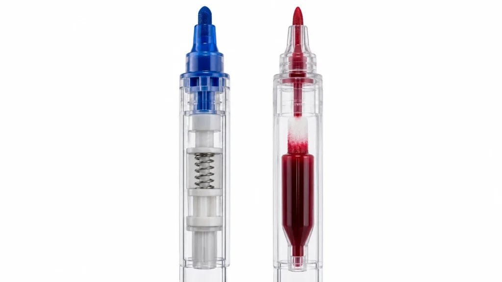 Acrylic marker valve press mechanism internal cutaway view