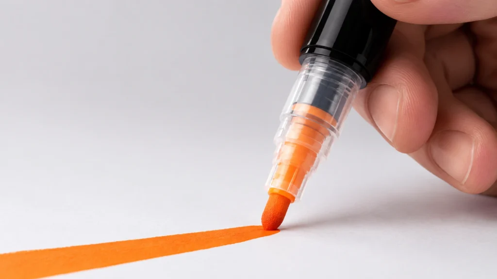 Acrylic paint marker with valve-press tip making bright stroke on paper