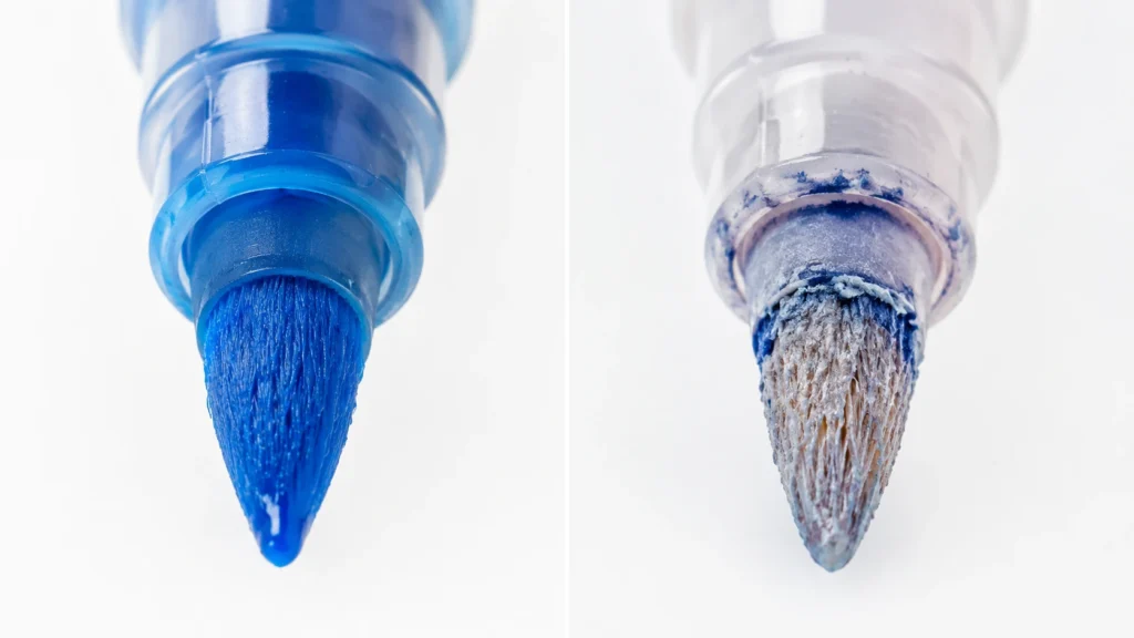 Fiber tip acrylic marker saturated versus clogged nib