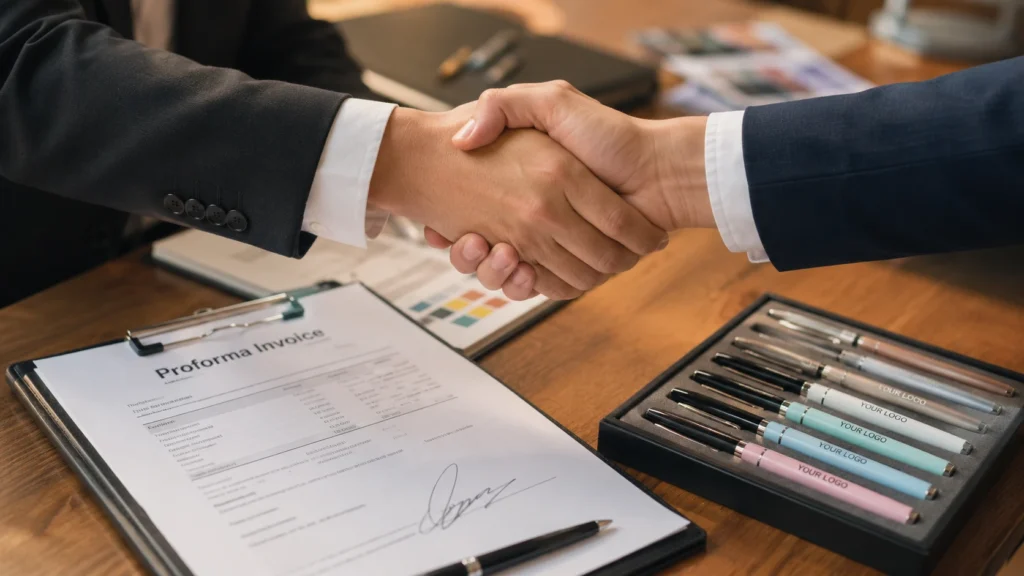 Successful MOQ negotiation handshake pen factory