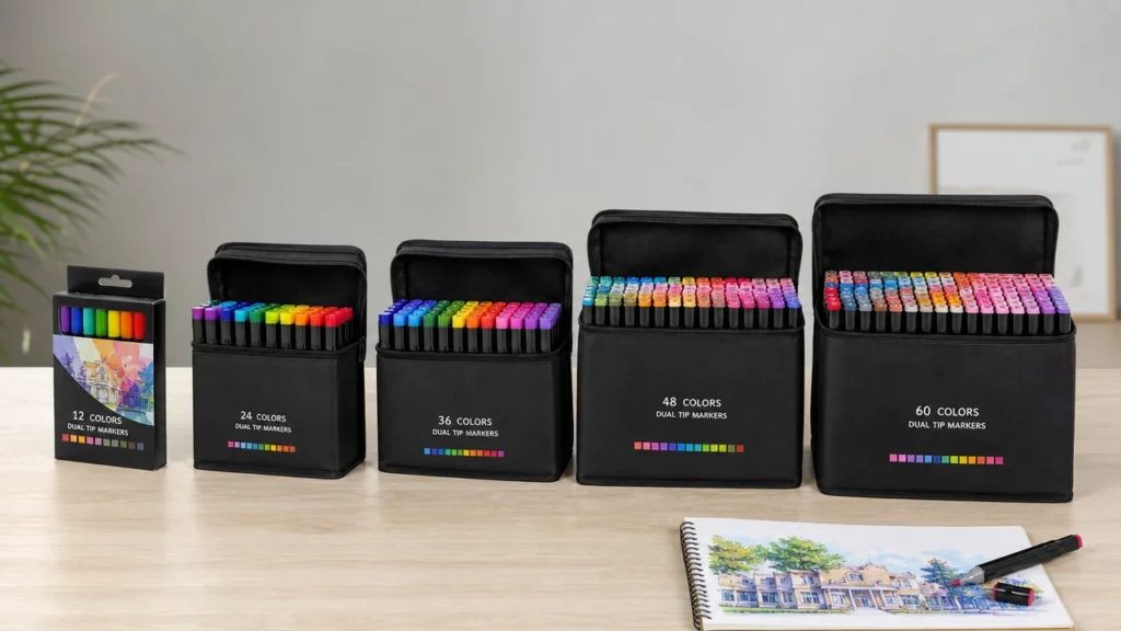 12 to 60 color marker sets arranged for buyer comparison