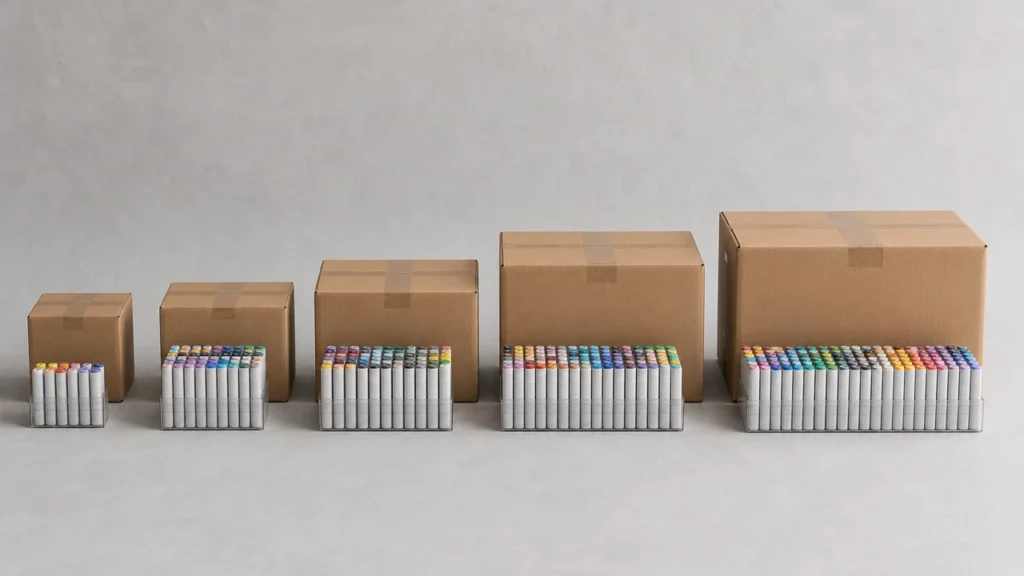 Carton comparison for 12 24 36 48 and 60 color marker sets