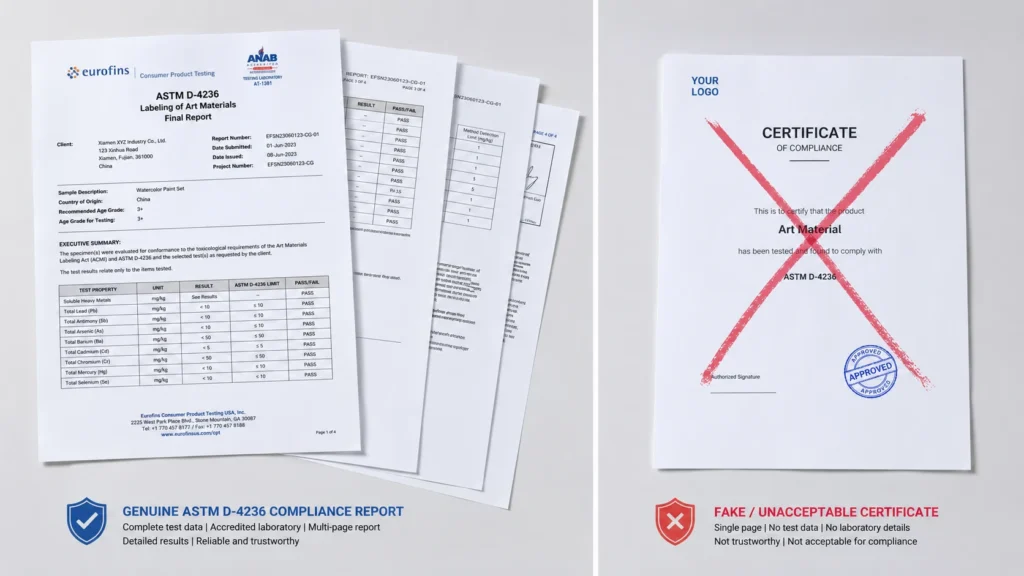Real versus fake ASTM D-4236 test report comparison