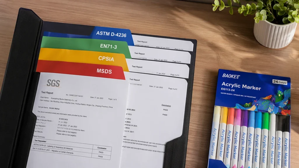 Acrylic marker compliance documentation folder certifications