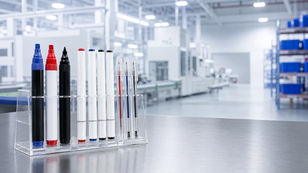 Custom acrylic markers, alcohol markers, and gel pens displayed in a modern OEM stationery factory