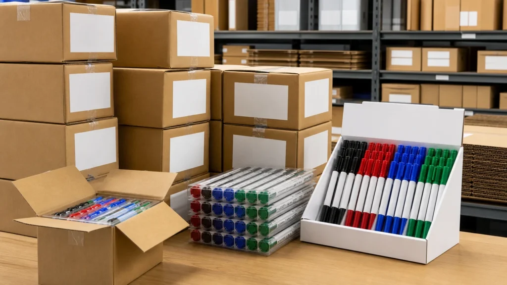  Retail and warehouse marker storage cartons with cap protection