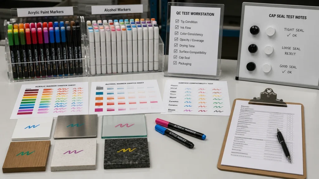B2B sample testing setup for acrylic paint markers and alcohol markers
