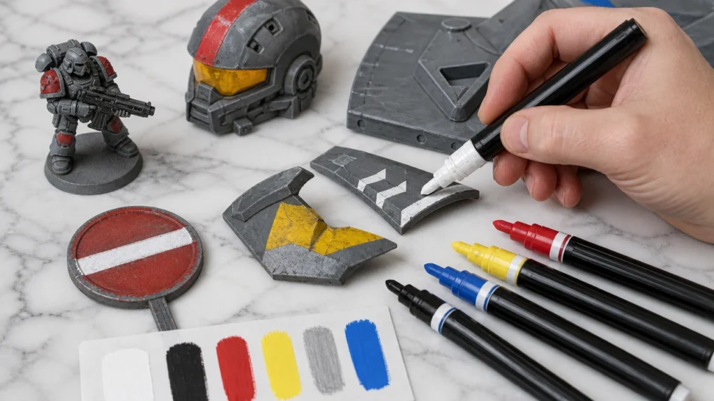 Acrylic paint markers on primed PLA miniatures and model parts
