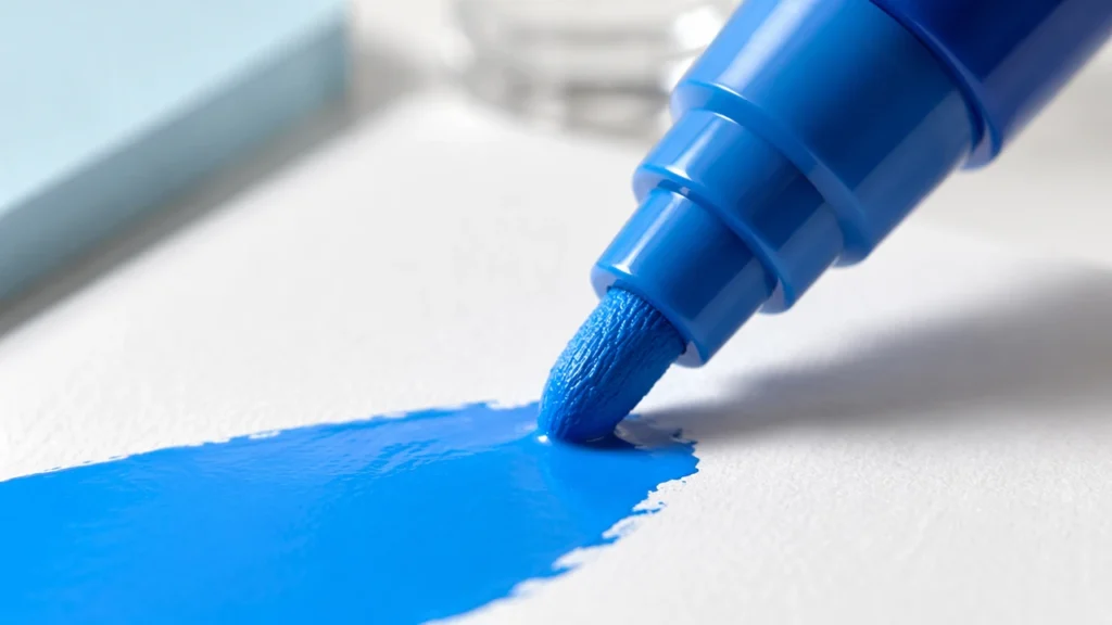 Acrylic paint marker nib releasing opaque ink with controlled valve-press flow