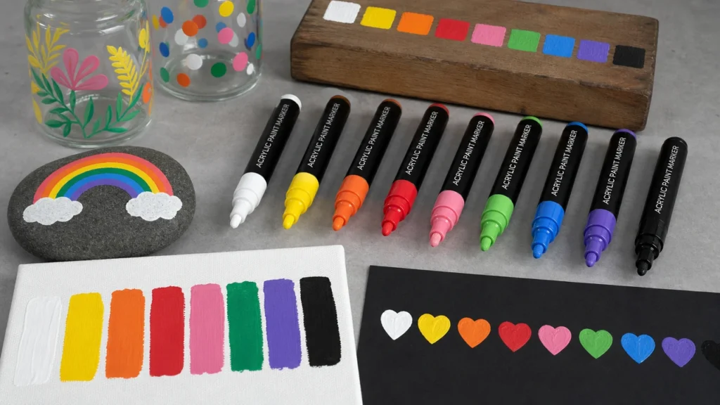 Acrylic paint marker use cases on glass wood stone and canvas