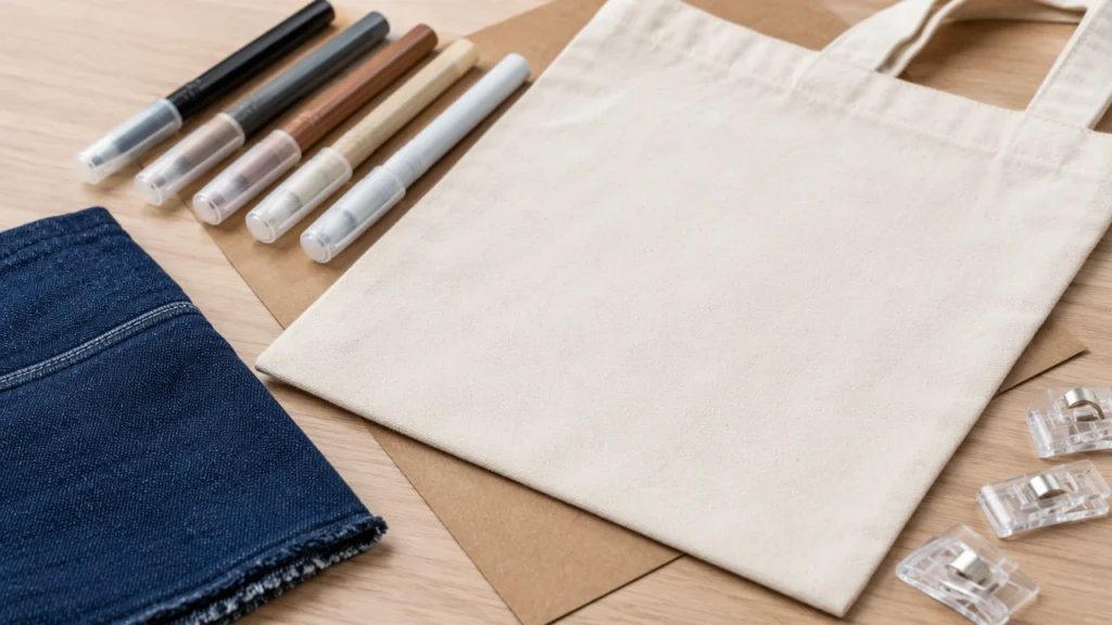 Acrylic paint marker fabric setup with canvas tote and denim swatches