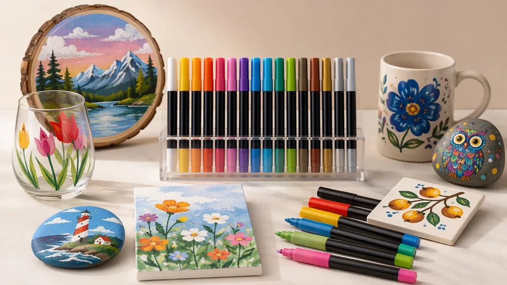 Acrylic paint markers used on rock, ceramic, glass, wood and canvas surfaces