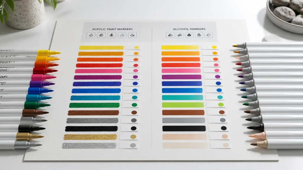 Marker comparison board with acrylic and alcohol marker swatches