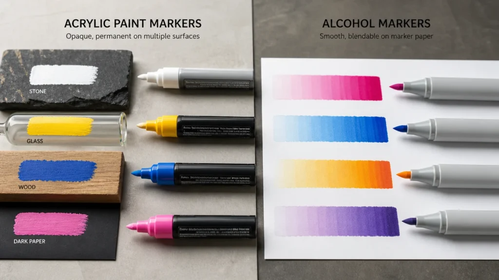 Acrylic paint markers and alcohol markers side by side for buyer comparison