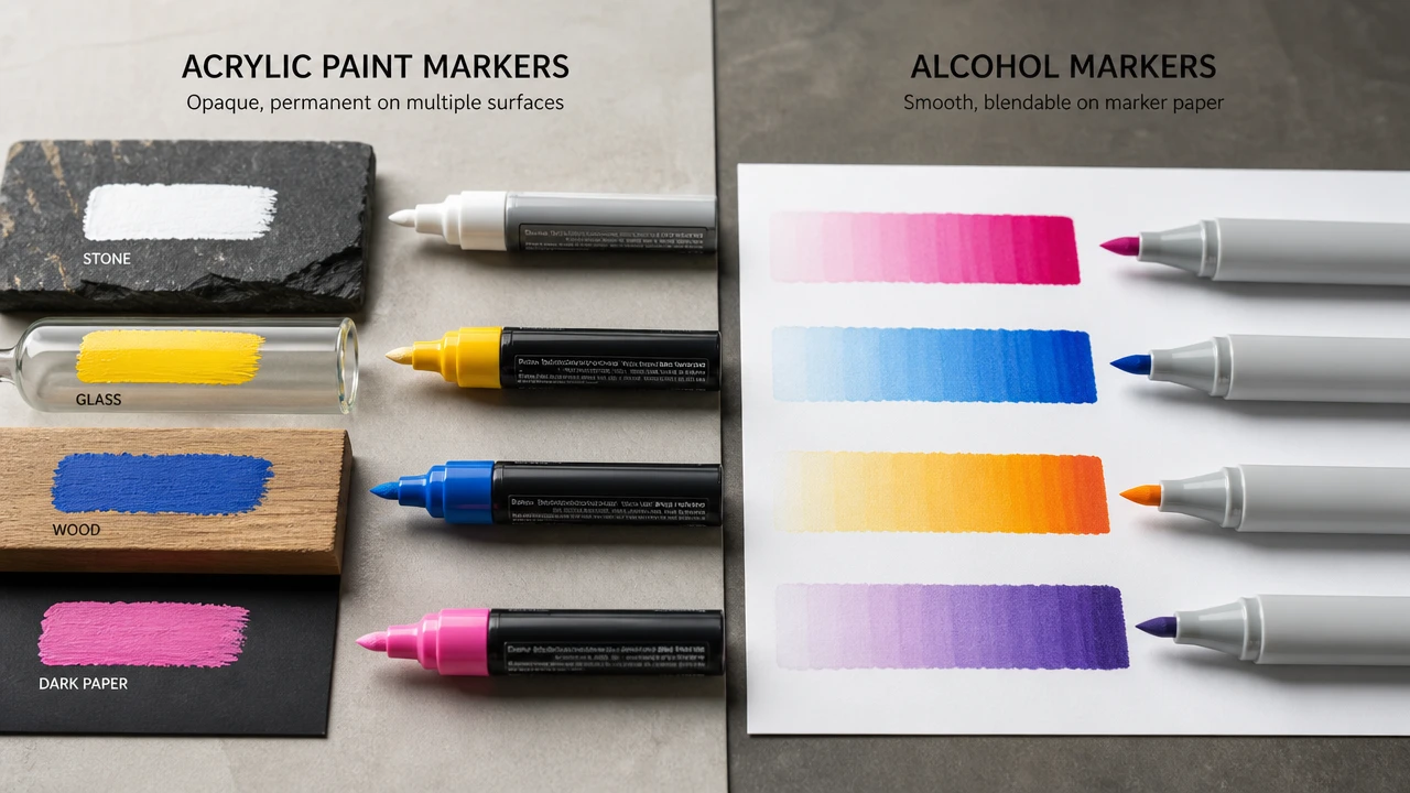 Acrylic paint markers and alcohol markers side by side for buyer comparison