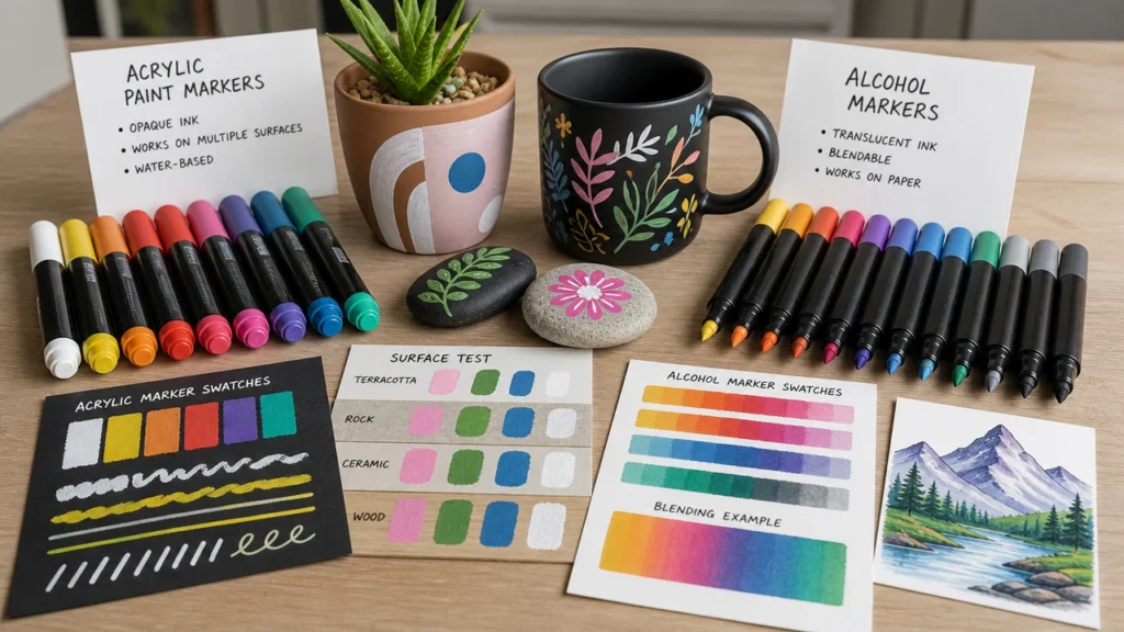 Comparison setup for acrylic paint markers and alcohol markers