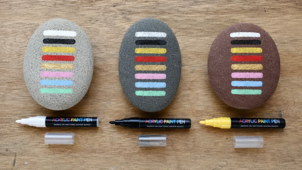 Acrylic paint pen opacity tests on light and dark rocks