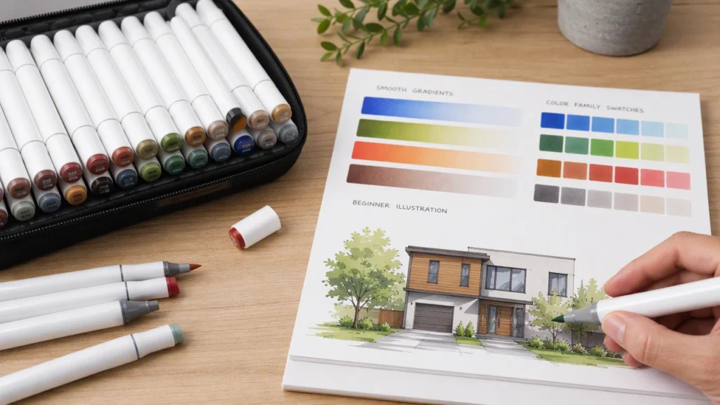 Alcohol marker illustration and blending swatches on marker paper
