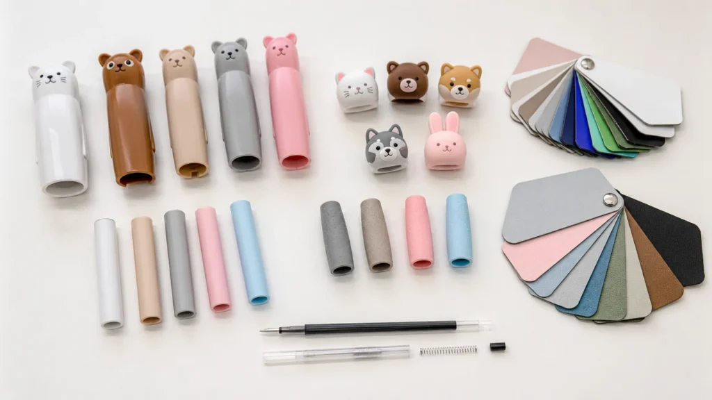 Animal-shaped pen material options including ABS plastic PP soft PVC and TPE parts